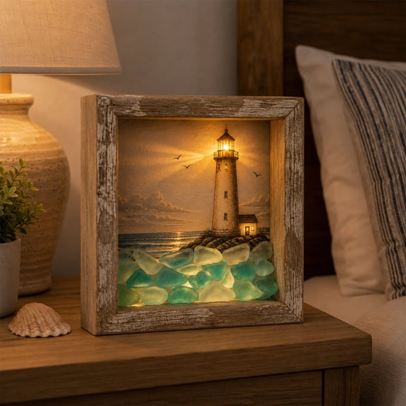 Coastal Lighthouse Sea Glass Shadow Box Night Light Nautical LED Decor Lamp Weathered Wood 3D Layered Design Soft Ambient Glow Spooky Ghost Accent Ocean Themed Table Wall Light for Bedroom Bathroom