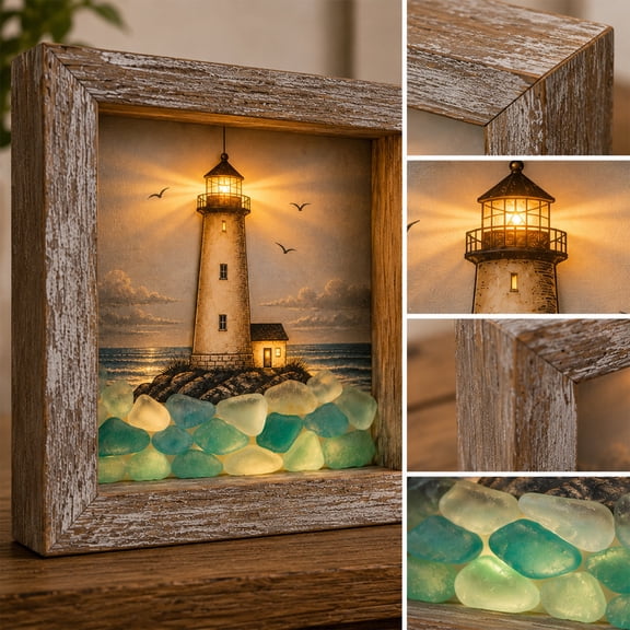 Coastal Lighthouse Sea Glass Shadow Box Night Light, Rustic Wooden 3D LED Frame Lamp, Nautical Coastal Decorative Wall Table Lamp, Soft Warm Ambient Light for Home & Beach House