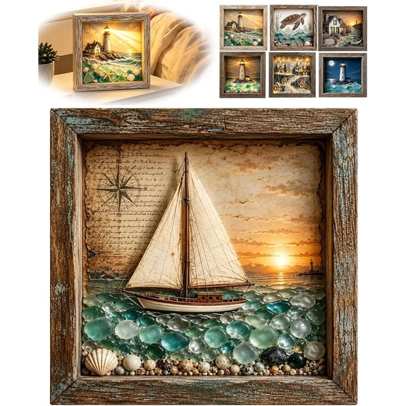 Coastal Lighthouse Sea Glass Shadow Box Night Light (Sailboat) | Beach Ocean Decor Ambient Lamp, Handmade Seascape Art Frame Decorative Warm Glow Bedroom Living Room Shelf Entryway Gift