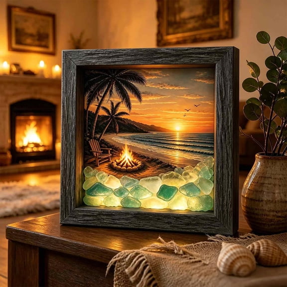 Coastal Lighthouse Sea Glass Shadow Box Night Light, Warm LED Beach Lamp Decor, Nautical Sea Glass Art Frame for Bedroom, Living Room, Shelf, Entryway, Ocean Wall Gift for Beach Lovers (#O,Halloween)