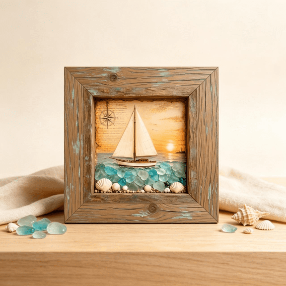 Coastal Lighthouse Sea Glass Shadow Box Night Light, Warm Ocean Decor LED Ambient Light for Bedroom, Sea Glass Coastal Art Lamp, Relaxing Night Light Gift Home Decor Living Room Decor (B)
