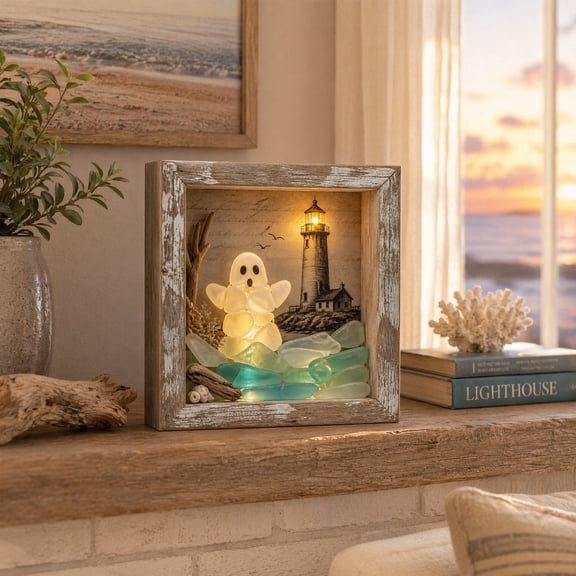 Coastal Lighthouse Sea Glass Shadow Box Night Light, Whitewashed Distressed Wooden LED Frame Light, Sea Glass Ghost Nautical Art, Halloween Decor for Farmhouse Coastal Style