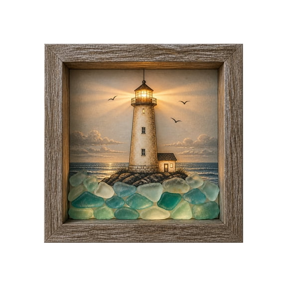 Coastal Lighthouse Sea Glass Shadow Box Night Light, Wooden Framed Sea-Glass Shadowbox with Gentle Warm LED Lighting for Reading Nook Entryway