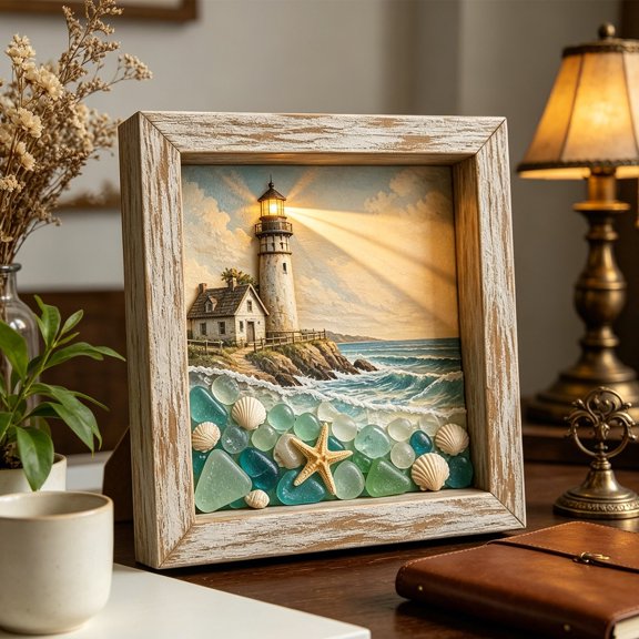 Coastal Lighthouse Sea Glass Shadow Box Night Light Wooden / Plastic Durable Outer Frame Clear Transparent Front Panel 3d Layered Lighthouse & Sea Glass Scene Shadow Box with Light