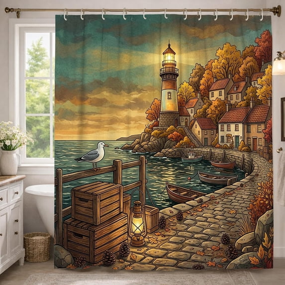 Coastal Lighthouse Shower Curtain, Blue Ocean, Boats and Seagulls ...