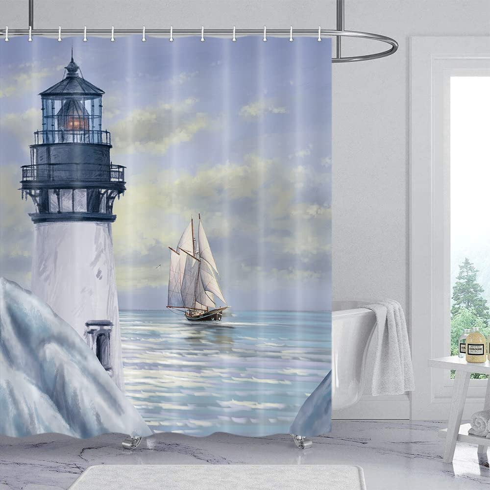 Coastal Lighthouse Shower Curtain, Bluish Violet Ocean Shower Curtain Sets for Bathroom,Waterproof Sailboat Nautical Shower Curtain Decor Accessories with Hooks 60X70 inch