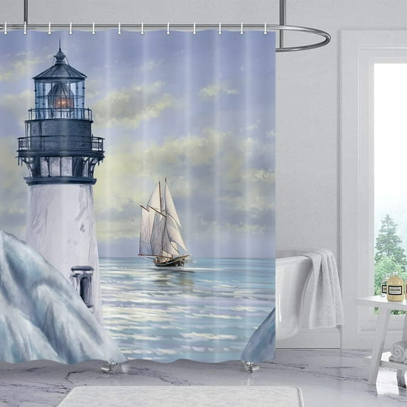 Coastal Lighthouse Shower Curtain, Bluish Violet Ocean Shower Curtain Sets for Bathroom,Waterproof Sailboat Nautical Shower Curtain Decor Accessories with Hooks 70X72 inch