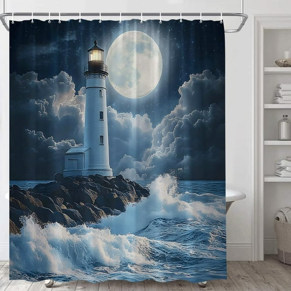 Coastal Lighthouse Shower Curtains Vintage Beach Dark Night Sea Wave Full Moon Nautical Summer Seasides Seascape Polyester Fabric Bathroom Curtain with Hooks-72"W x 96"L (Pack of 1)