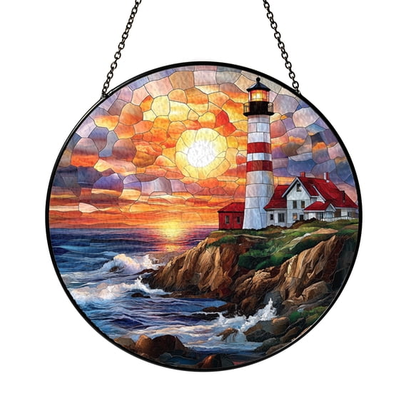 Coastal Lighthouse Stained Glass Style Suncatcher Window Hanging, Nautical Beach House Decor Panel for Ocean Inspired Home Accent