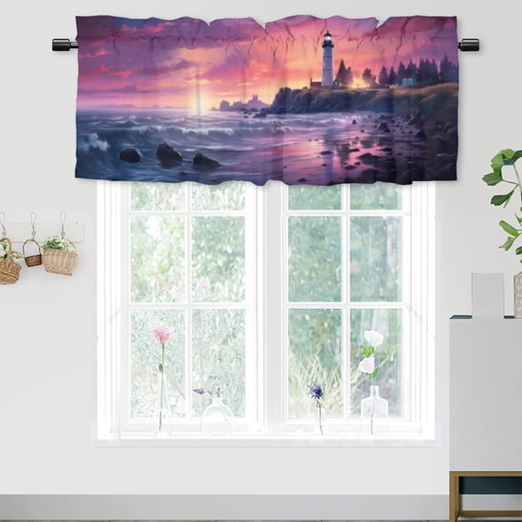 Coastal Lighthouse Valance Rod Pocket Window Curtain for Kitchen Sunrise Blue Ocean Nautical Sea Wave Seacape Window Valance for Bedroom Bathroom Living Room Dining Room 54 by 18 in, 1 Panel