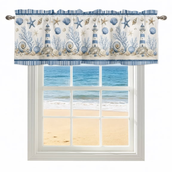 Coastal Lighthouse Valances for Windows, Rod Pocket Kitchen Valance Curtains - Soft & Washable Small Window Treatment for Living Room, Bathroom, Blue Ocean Seaweed Shell Conch 42x12inch, 1 Panel