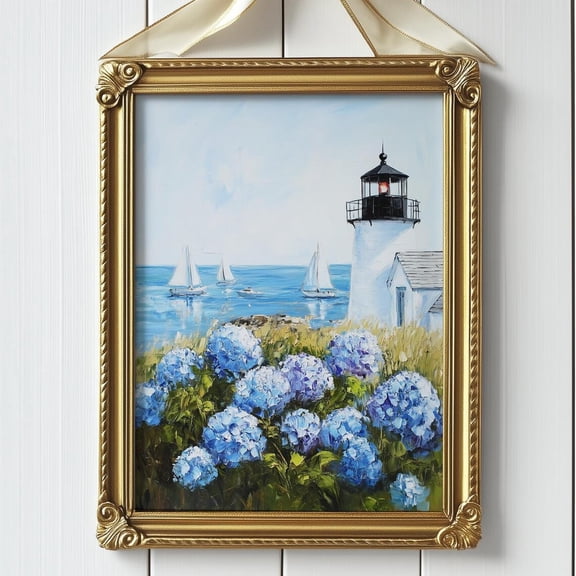 Coastal Lighthouse Wall Art Print, Blue Hydrangeas, Vintage Cape Cod, Beach House, Charming Ocean Landscape, Coastal Bathroom And Home Decor