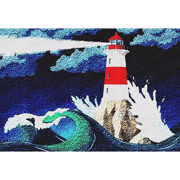 Coastal Lighthouse Wave Latch Hook Rug Kit, Nautical Ocean Scenery DIY Handmade Decor Floor Mat 60 X 40 cm