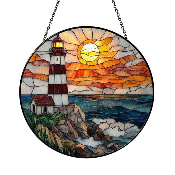 Coastal Lighthouse Window Hanging, Stained Glass Style Beach House Suncatcher Panel