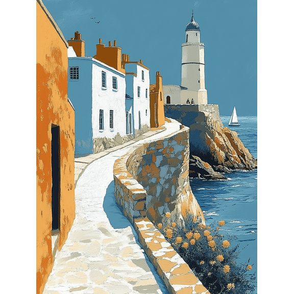 Coastal Lighthouse and Village Wall Canvas Print/PaintingSuitable for Living RoomBedroomOfficeBathroomHallway Decoration.