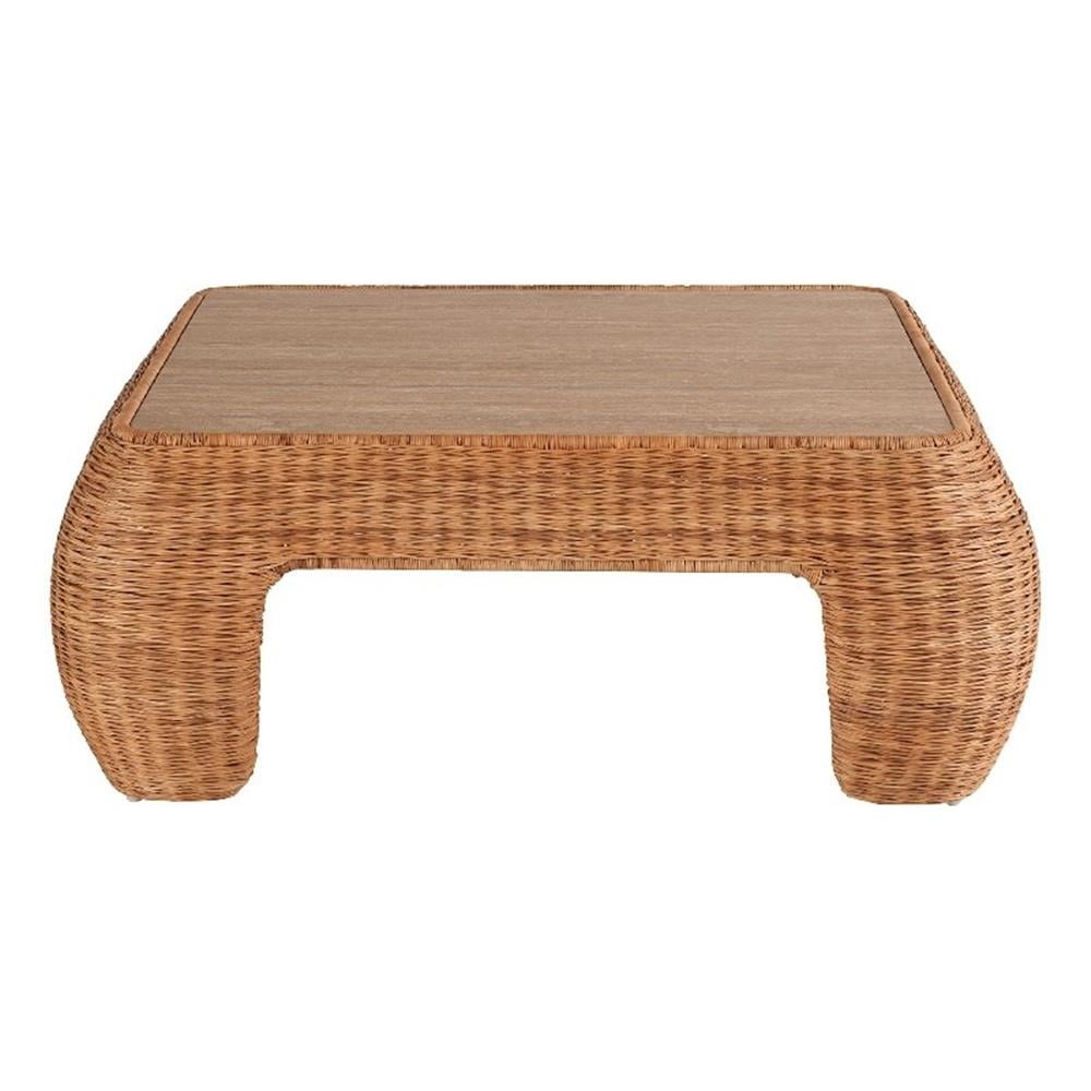 Natural Rattan Square Coffee Table with Travertine Top