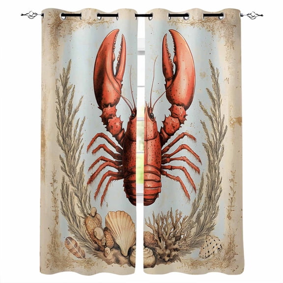 Coastal Lobster Blackout Curtains for Bedroom/Living Room, Thermal Insulated Kitchen Curtains, Vintage Beach Coral Shell Nautical Grommet Darkening Window Treatment Drapes 42"x63"x2