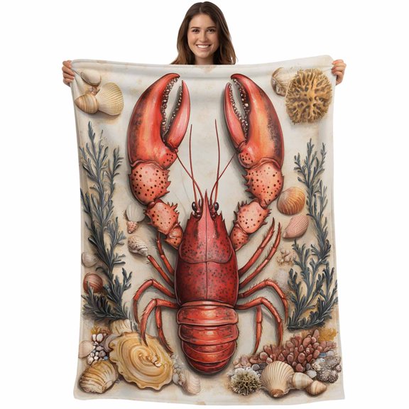 Coastal Lobster Blanket Soft Cozy Warm Throw Blanket for Couch, Plush Fuzzy Flannel Fleece Blankets for Sofa, Beach Coral Shell Nautical Retro Bed Blankets Lightweight Gifts for Women, 30"x40"