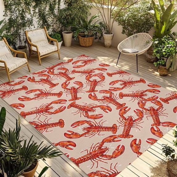 Coastal Lobster Outdoor Rug for Patio/Deck/Porch, Non-Slip Large Area Rug 5 x 7 Ft, Summer Beach Ocean Marinelifes Red Brown Indoor Outdoor Rugs Washable Area Rugs, Camping Rug Carpet Runner