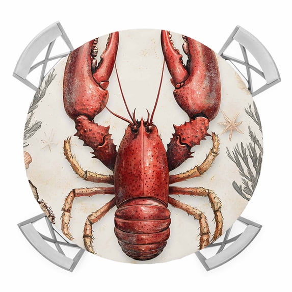 Coastal Lobster Round Tablecloth for 36-44 Inch Tables,Fitted Table Cover with Elastic Edge,Beach Coral Shell Nautical Vintage Waterproof Outdoor Table Cloth Protector for Patio Garden Dinner Picnic