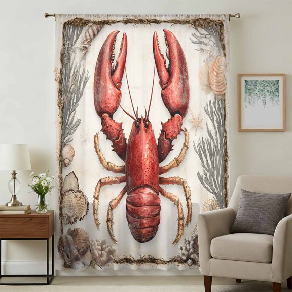 Coastal Lobster Sheer Curtains 54 Inches Long, Beach Coral Shell Nautical Vintage Light Filering Curtains, Breathable Simi Curtain Privacy Drapes for Kitchen Bathroom Small Window Treatment