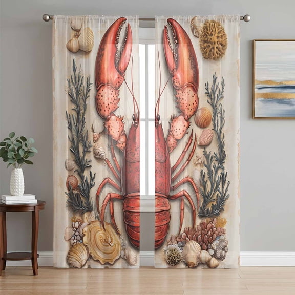 Coastal Lobster Sheer Curtains 63 Inch Length 2 Panels Set, Beach Coral Shell Nautical Retro Voile Window Treatment Rod Pocket Curtains Sheers Drapes for Bedroom/Living Room/Kitchen 52x"63"x2