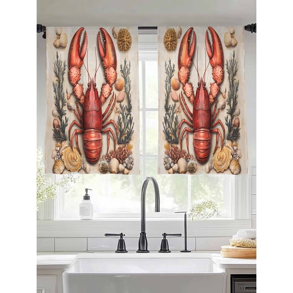 Coastal Lobster Sheer Curtains for Living Room Bedroom Beach Coral Shell Nautical Retro Sheer Curtains 45 Inch Long 2 Panels Set Light Filtering Curtain Window Treatments Drapes for Dining Room