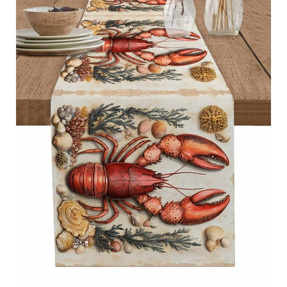 Coastal Lobster Table Runner 36 Inches, Beach Coral Shell Nautical Retro Bed Runner Dresser Scarves Tabletop for Indoor Outdoor Parties/Ceremony/Banquet, 13"x 36"