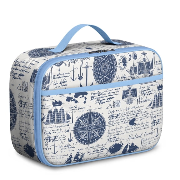 Coastal Lunch Tote – Nautical Anchor Boat Sea Seaside Marine Waves Ocean Lighthouse Anchors Map Beach Tropical Summer Compass Insulated Lunch Bag for Preschool