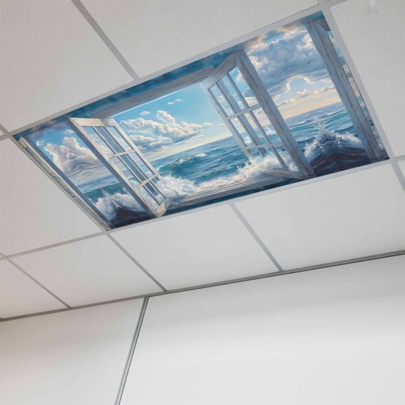 Coastal Magnetic Fluorescent Light Covers for Ceiling Lights 2 x 4 Feet, Window Nautical Beach Blue Seaside Office Classroom Kitchen Drop Ceiling Light Covers Lighting Filters Shade Panel 1 Pack