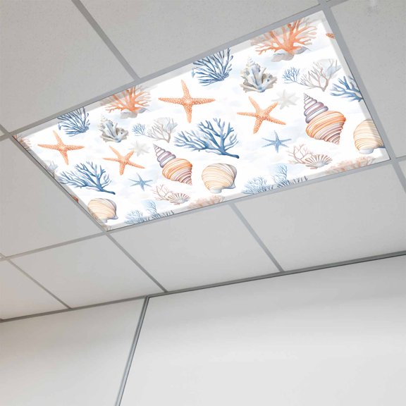 Coastal Magnetic Fluorescent Light Covers for Ceiling Lights 2x4Ft, Ocean Starfish Coral Shell Conch Blue Office Classroom Kitchen Drop Ceiling Light Covers Lighting Filters Shade Panel 1Pack