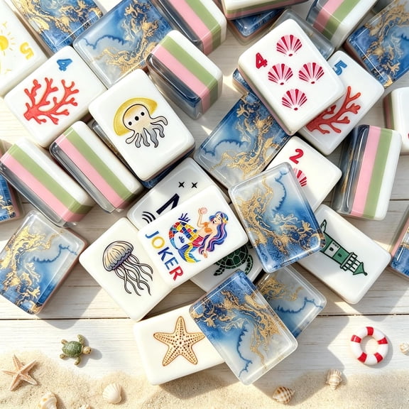 Coastal Mahjong Tile Set - 160 pieces, 4-layer Acrylic Engraved Mahjong Tiles, with Storage Bag