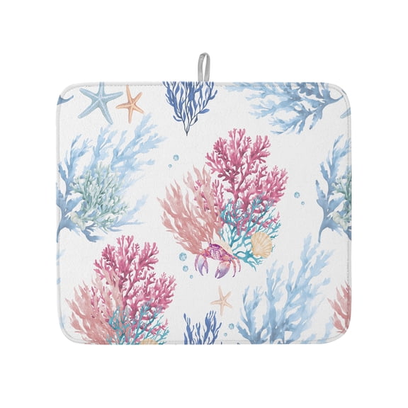 Coastal Marine Starfish Shell Crab Dish Drying Mats for Kitchen Counter,Absorbent Microfiber Dish Drainer Rack Mat Ocean Colorful Coral Drying Pad for Sinks,Utensils,Countertops,16x18in