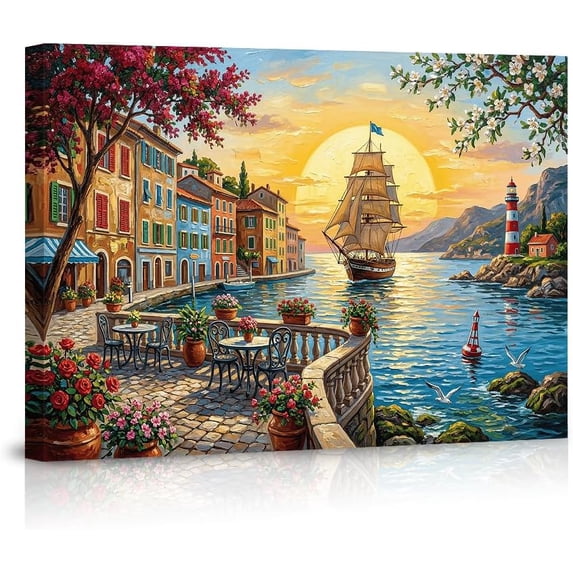 Coastal Mediterranean Village Sunset Canvas Wall Art Sailing Ship ...