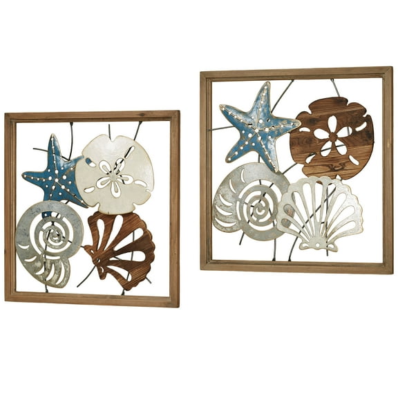 Coastal Medley Seashell Openwork Wall Art Earth Tones 20” square Set of 2