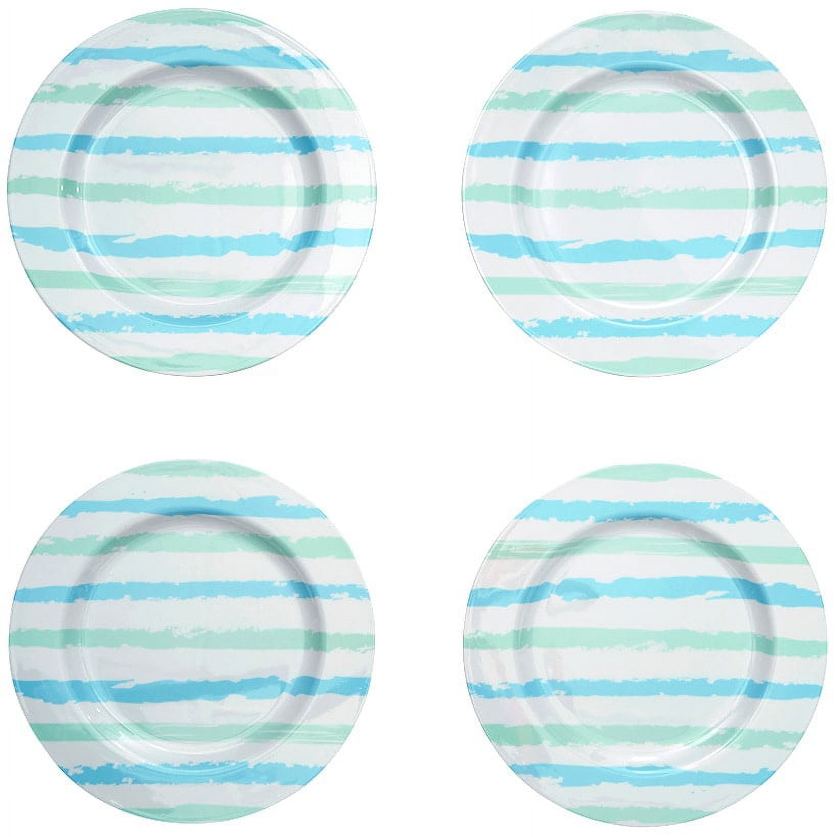 Coastal Blue and Green Striped Melamine Dinner Plates, Set of 4