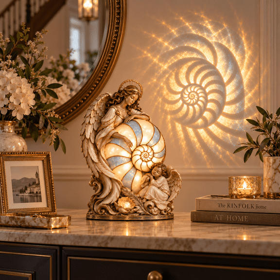 Coastal Mermaid Lamp with Illuminated Nautilus Shell, Metal Angel Sculpture Table Decor, Warm Beach Night Light Accent for Bedroom, Living Room, Reading Nook and Gift Giving