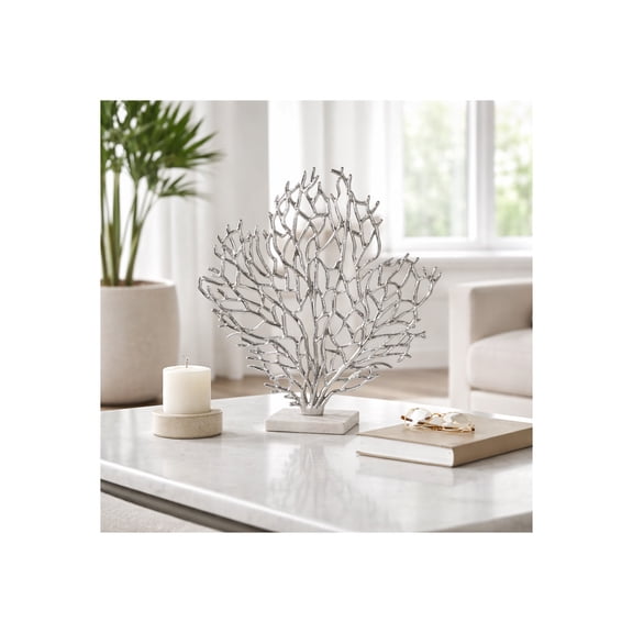 Coral on Marble Base for Home and Bathroom Decor - Coastal-Inspired Sculpture with Metal Design for Coffee Table Decor - Aluminum Sea Accent for Shelf and Living Room - 21", Silver & Metallic