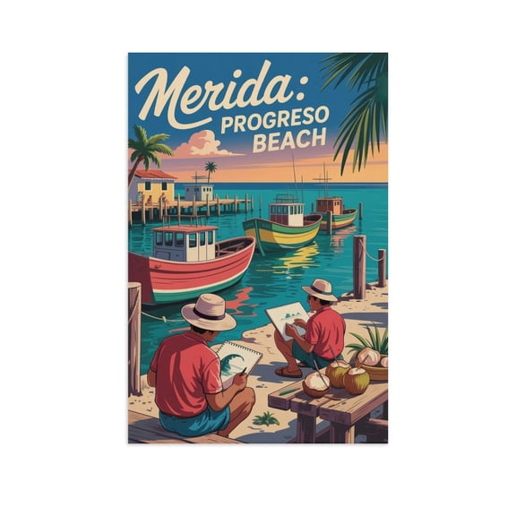 Coastal Mexico Wall Art Progreso Beach Merida Vintage Harbor Travel Poster Retro Tropical Decor Mid Century Wall Print Canvas Poster