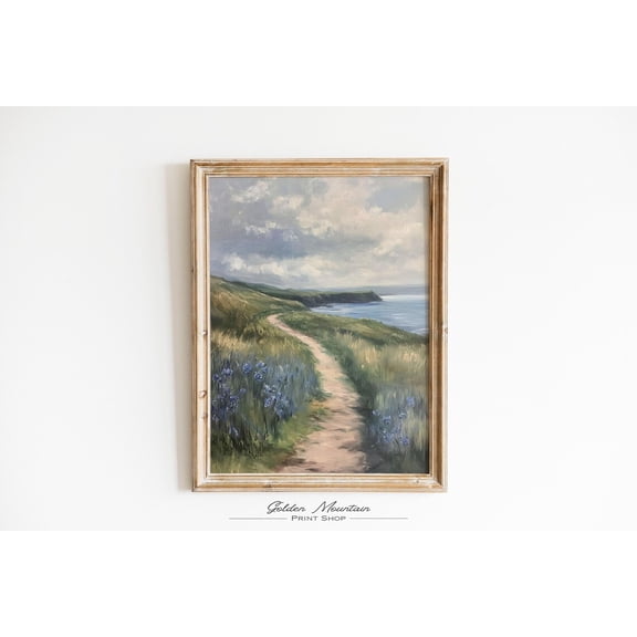 Coastal Moody Blue Wildflower Field , Farmhouse Summer Beach Print, Vintage Floral Landscape, Spring Sea Flower Wall Art Poster Decor, Size 8x12 UNFFRAMED F03.1.8l863