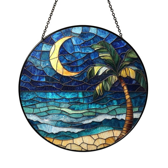 Coastal Moonlit Beach Faux Stained Glass Round Window Decor2001