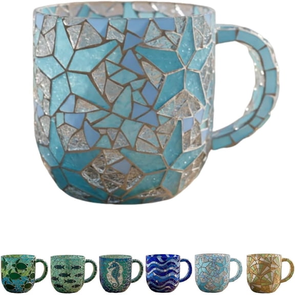 Coastal Mosaic Styles Ceramic Mug – Handblown Blue Wave Pattern Coffee Cup,12oz Thermal Glass,Beach Nautical Decor,Unique Artisan Drinkware,Gift for Ocean Lovers