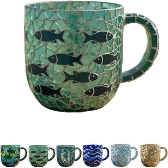 Coastal Mosaic Styles Ceramic Mug – Handblown Blue Wave Pattern Coffee Cup,12oz Thermal Glass,Beach Nautical Decor,Unique Artisan Drinkware,Gift for Ocean Lovers