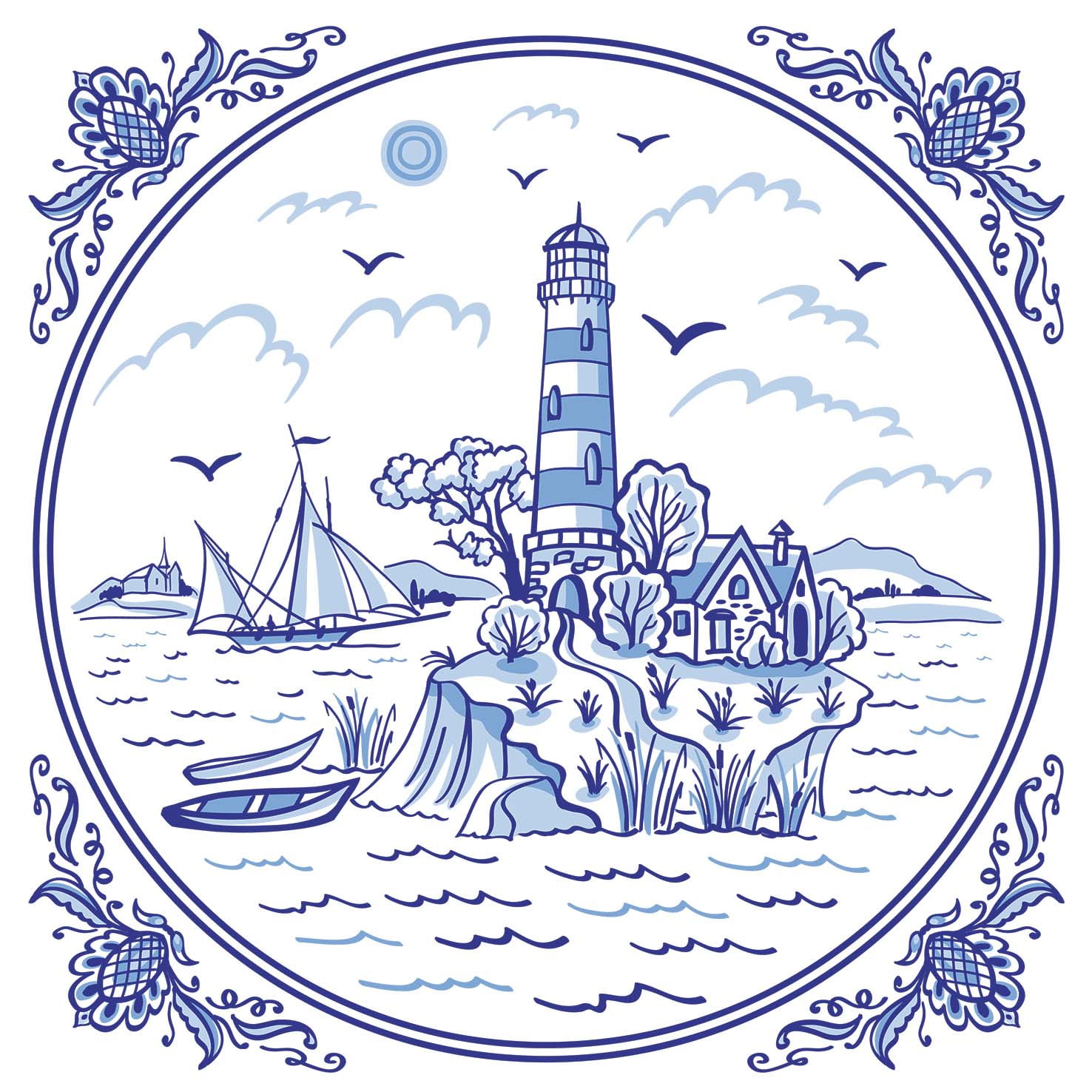 Coastal Napkins BLUE LIGHTHOUSE TILE 40pcs Blue and White Cocktail