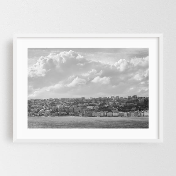 Coastal Napoli B&W - Naples Campania Italy Photography Black and White City Coastal Architecture Skyline Harbor Landscape White Framed Wall Art Print 5 x 7 inches