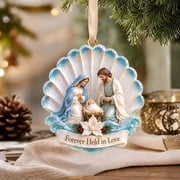 Coastal Nativity Christmas Ornament, Holy Night Beach Themed Cutout Pendant with Blue Shoreline Scene and Glossy Finish, Faith Inspired Holiday Keepsake for Tree, Window, Wall, Beach House