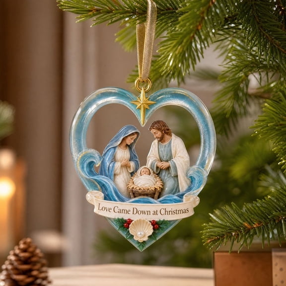 Coastal Nativity Christmas Ornament, Holy Night Beach Themed Cutout Pendant with Blue Shoreline Scene and Glossy Finish, Faith Inspired Holiday Keepsake for Tree, Window, Wall, Beach House