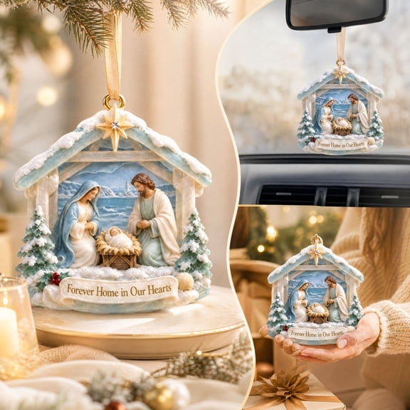 Coastal Nativity Christmas Ornament, Holy Night Beach Themed Cutout Pendant with Blue Shoreline Scene and Glossy Finish, Faith Inspired Holiday Keepsake for Tree, Window, Wall, Beach House