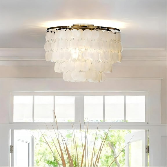 Coastal Natural Capiz Shell Tiered Flush Mount Ceiling Light with Antique Gold Metal Unique Tiered Seashell Close to Ceiling Lamp for Dining Room Living Room (W 18")