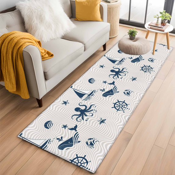 Coastal Nautical 2'x6' Runner Rugs for Hallway Kitchen Bedside Non Slip Washable, Summer Ocean Octopus Starfish Grey Wave Entryway Rug Runners with Rubber Backing, Long Carpet Runner for Laundry Room